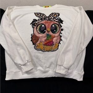 Charming Owl Embroidered Women's White Sweater